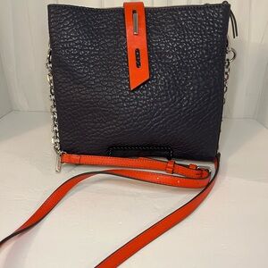 Navy Pebbled Leather Thacker Crossbody with Orange Trim